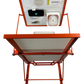 An orange and white outdoor patio lounger with a built-in fan, shown open against a solid white background. The adjustable shade features a built-in fan, a mirror, bluetooth speakers, and a phone charging port.