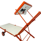 An orange and white folding sun chair with wheels, shown on a solid white background. The shade is charging a phone via usb power bank.