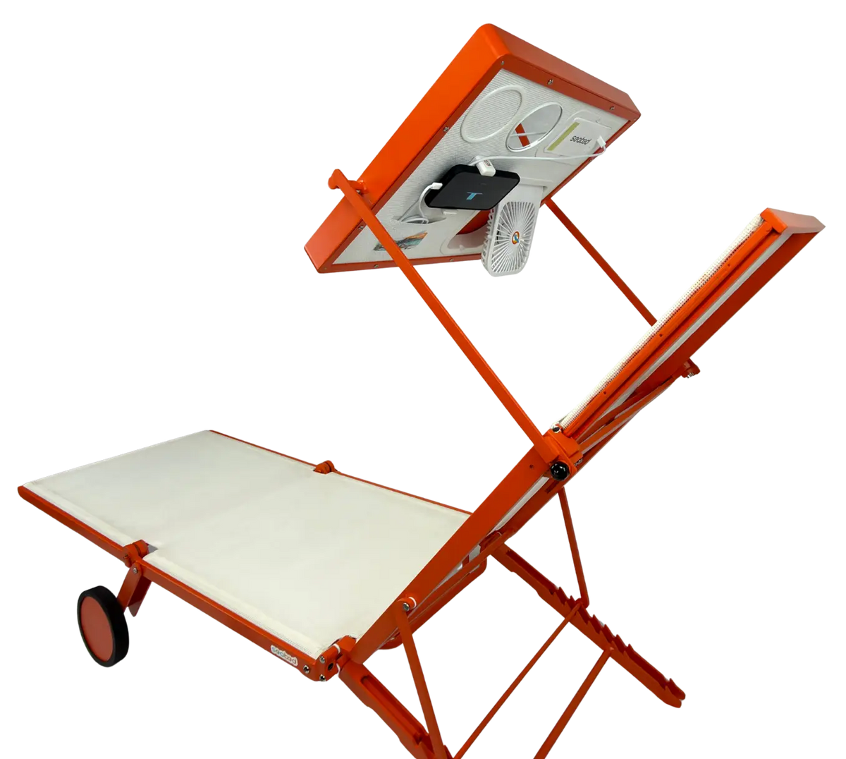 An orange and white folding sun chair with wheels, shown on a solid white background. The shade is charging a phone via usb power bank.