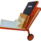 An orange folding solar power cart with a built-in solar panel on the back, shown on a white background with promotional items like a branded shopping bag, a rolled towel, and a small bottle placed on its tray.